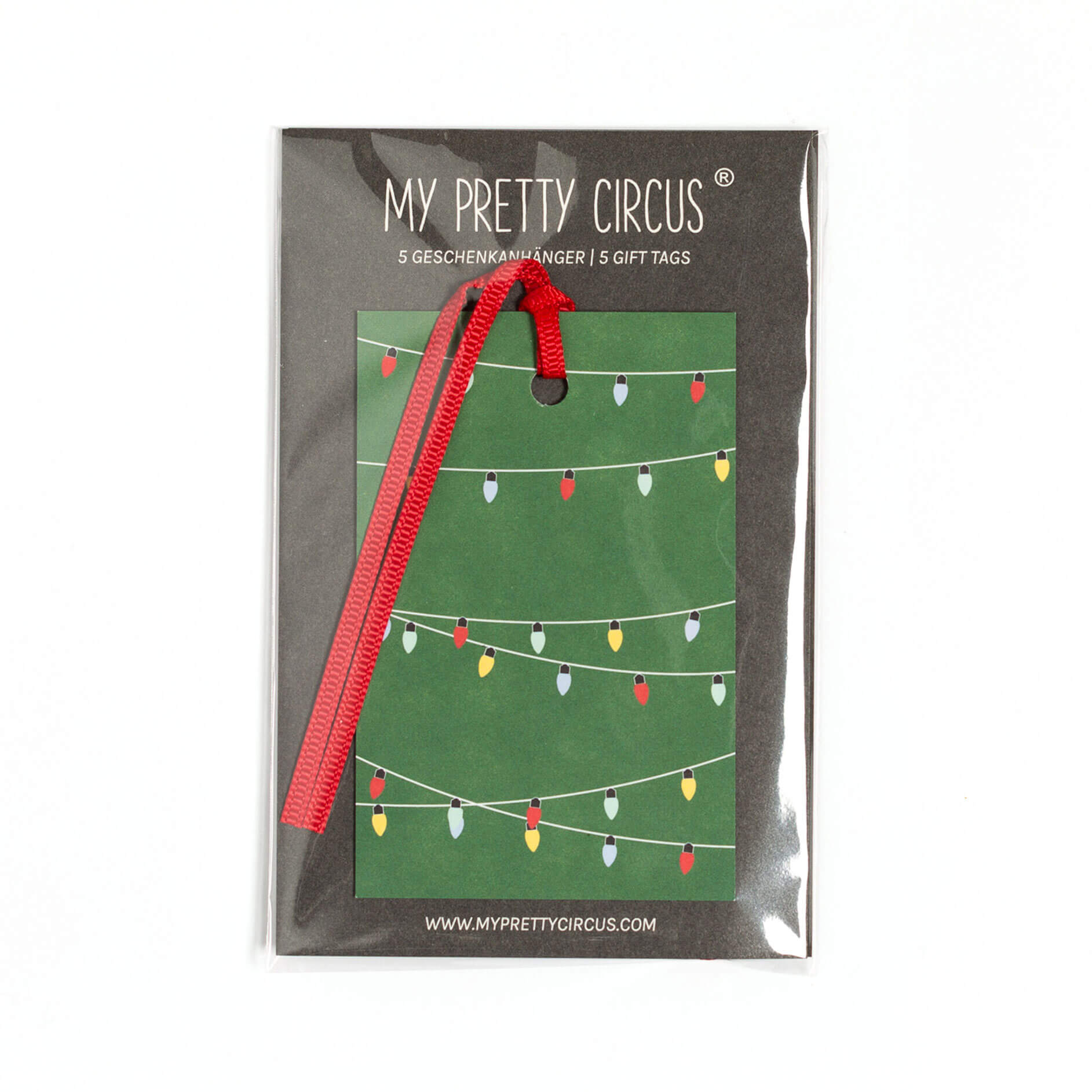 Geschenkanhänger &quot;Lichterkette&quot; - 5er Set mit Weihnachtslichtern vor grün und farblich passendem Band - 100% Recyclingpapier von My Pretty Circus | GT-LIG001-GR