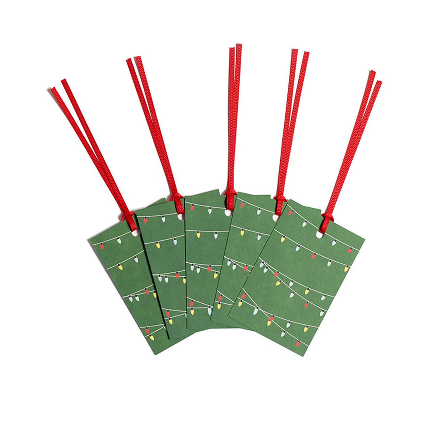Geschenkanhänger &quot;Lichterkette&quot; - 5er Set mit Weihnachtslichtern vor grün und farblich passendem Band - 100% Recyclingpapier von My Pretty Circus | GT-LIG001-GR