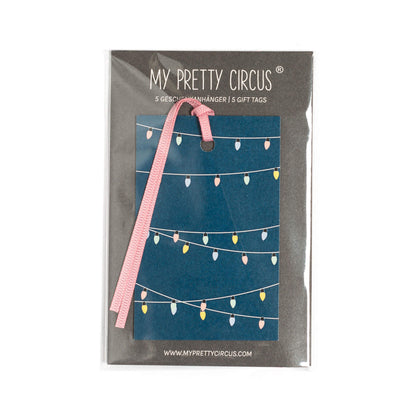 Geschenkanhänger &quot;Lichterkette&quot; - 5er Set mit Partylichtern vor blau und farblich passendem Band - 100% Recyclingpapier von My Pretty Circus | GT-LIG002-BL