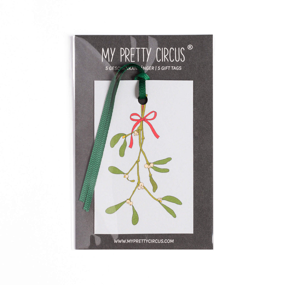 Geschenkanhänger &quot;Mistelzweig&quot; - 5er Set mit Mistelzweig vor mint und farblich passendem Band - 100% Recyclingpapier von My Pretty Circus | GT-MIS17-GR