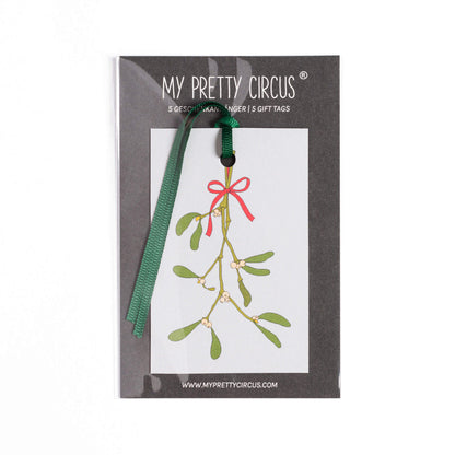 Geschenkanhänger &quot;Mistelzweig&quot; - 5er Set mit Mistelzweig vor mint und farblich passendem Band - 100% Recyclingpapier von My Pretty Circus | GT-MIS17-GR