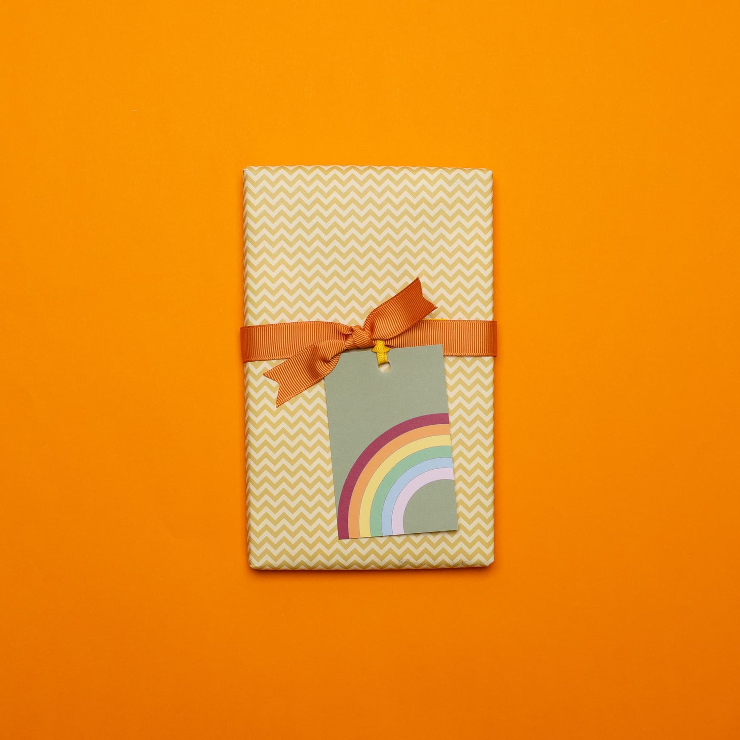 Geschenkanhänger &quot;Regenbogen&quot; - 5er Set mit Regenbogen vor grün und farblich passendem Band - 100% Recyclingpapier von My Pretty Circus | GT-RAI013-OL