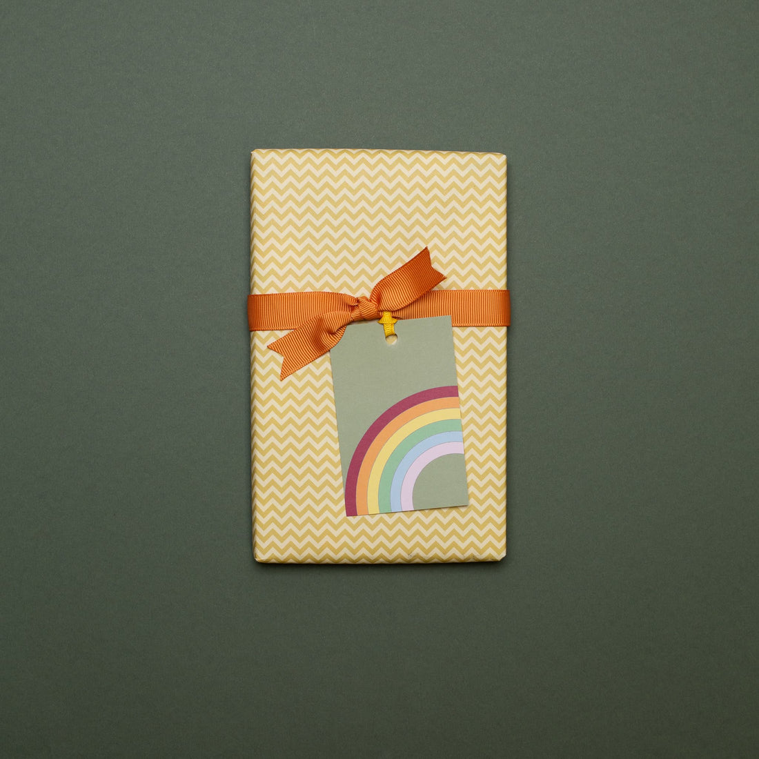 Geschenkanhänger &quot;Regenbogen&quot; - 5er Set mit Regenbogen vor grün und farblich passendem Band - 100% Recyclingpapier von My Pretty Circus | GT-RAI013-OL