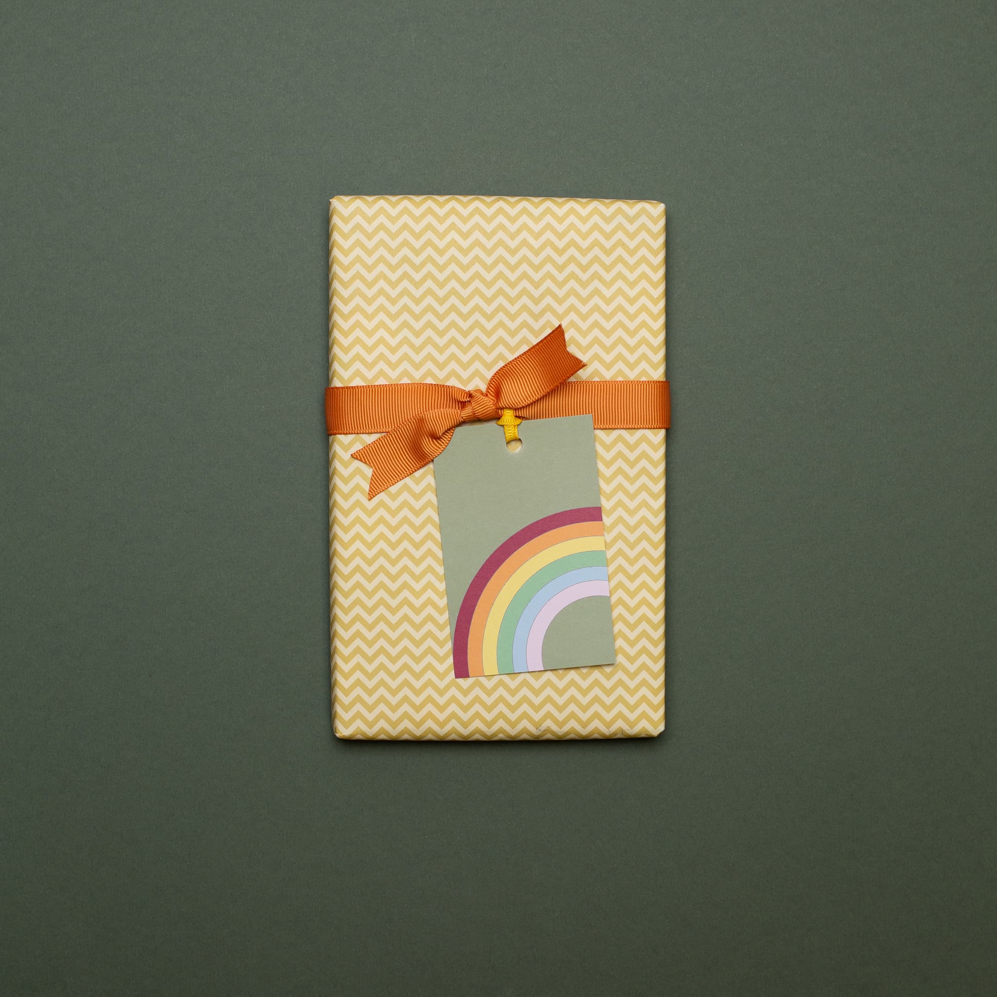 Geschenkanhänger &quot;Regenbogen&quot; - 5er Set mit Regenbogen vor grün und farblich passendem Band - 100% Recyclingpapier von My Pretty Circus | GT-RAI013-OL