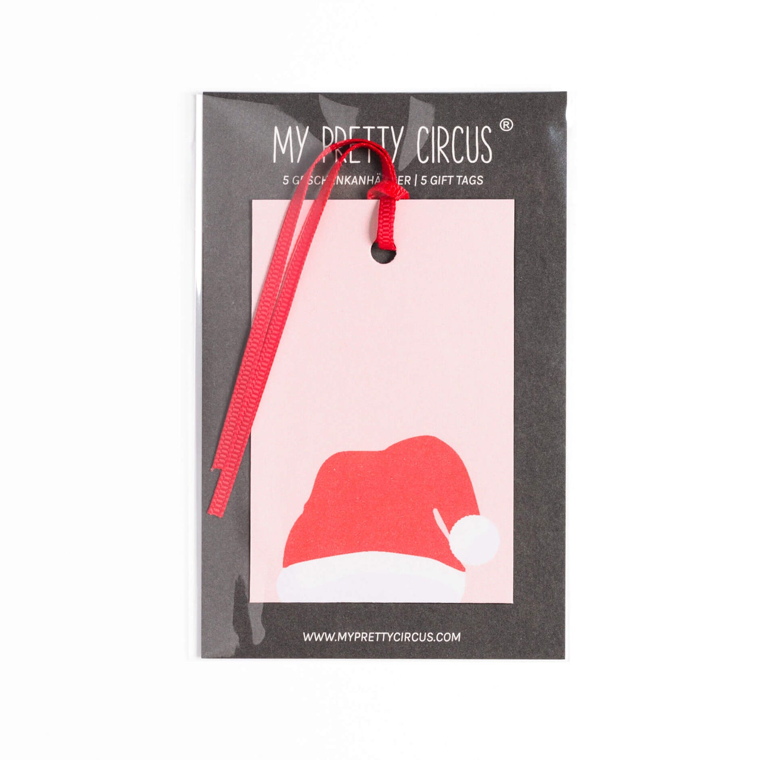 Geschenkanhänger &quot;Nikolaus&quot; - 5er Set mit roter Weihnachtsmann Mütze vor rosa mit farblich passendem Band - 100% Recyclingpapier von My Pretty Circus | GT-SAN22-RO