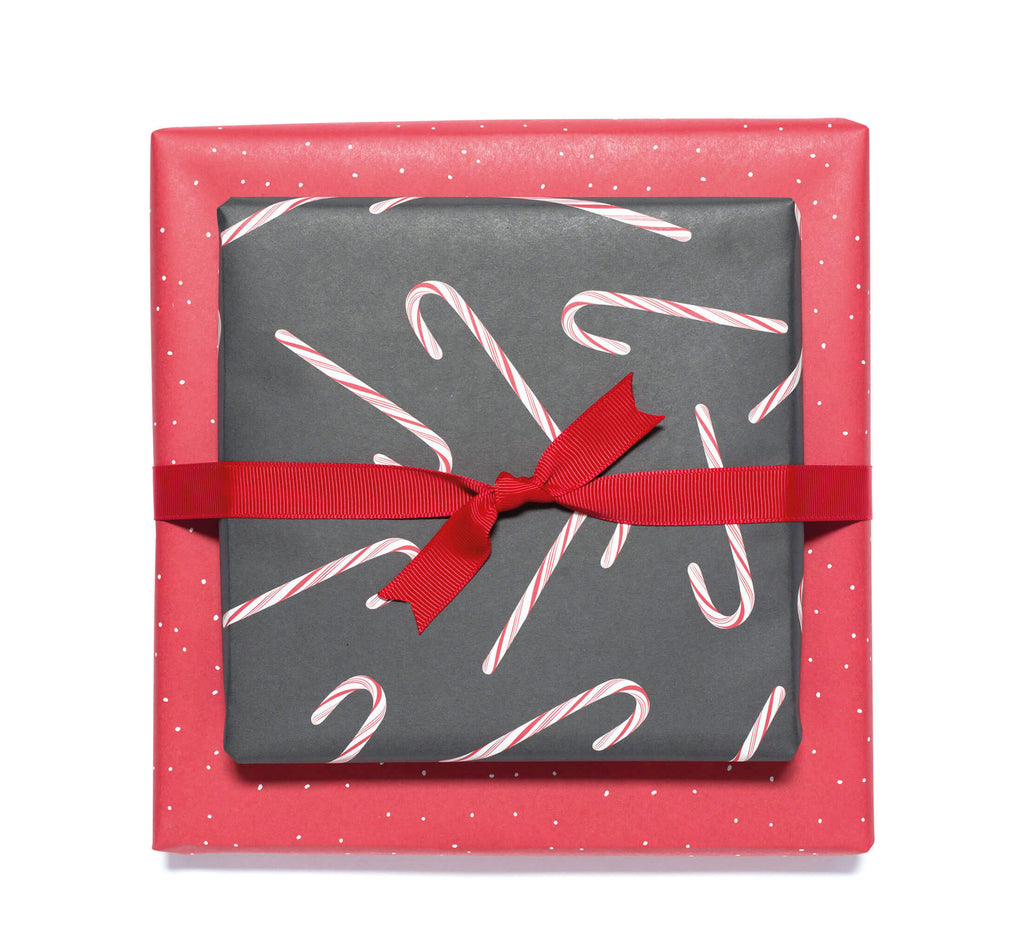 Geschenkpapier "Zuckerstangen" Candy Cane in grau und rot - doppelseitig bedruckt auf 100% Recyclingpapier  von My Pretty Circus | RW-CAN1701-DG