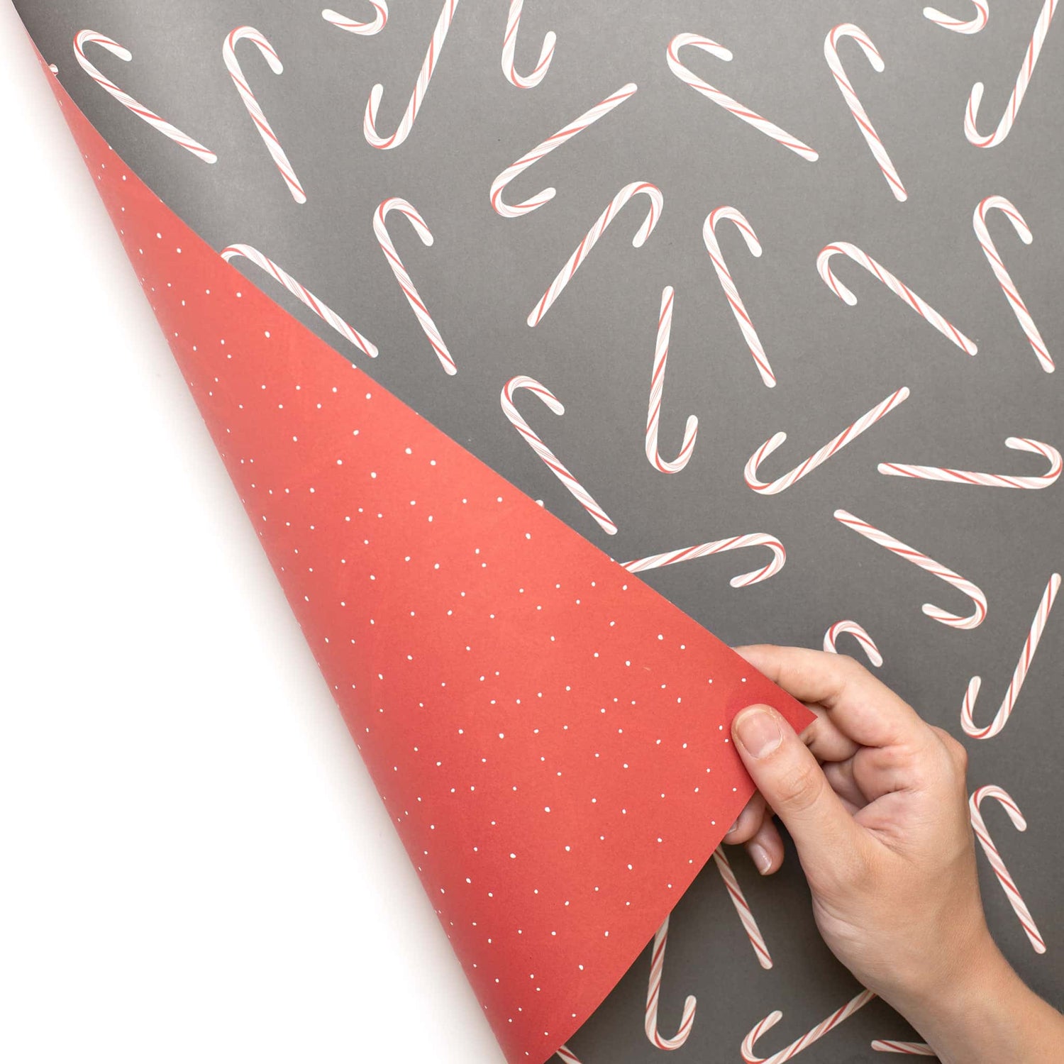 Geschenkpapier &quot;Zuckerstangen&quot; Candy Cane in grau und rot - doppelseitig bedruckt auf 100% Recyclingpapier  von My Pretty Circus | RW-CAN1701-DG