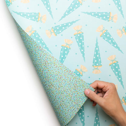 Geschenkpapier &quot;Schultüte&quot; und Zuckerperlen in türkis - doppelseitig bedruckt auf 100% Recyclingpapier  von My Pretty Circus | RW-SCH2036-TQ