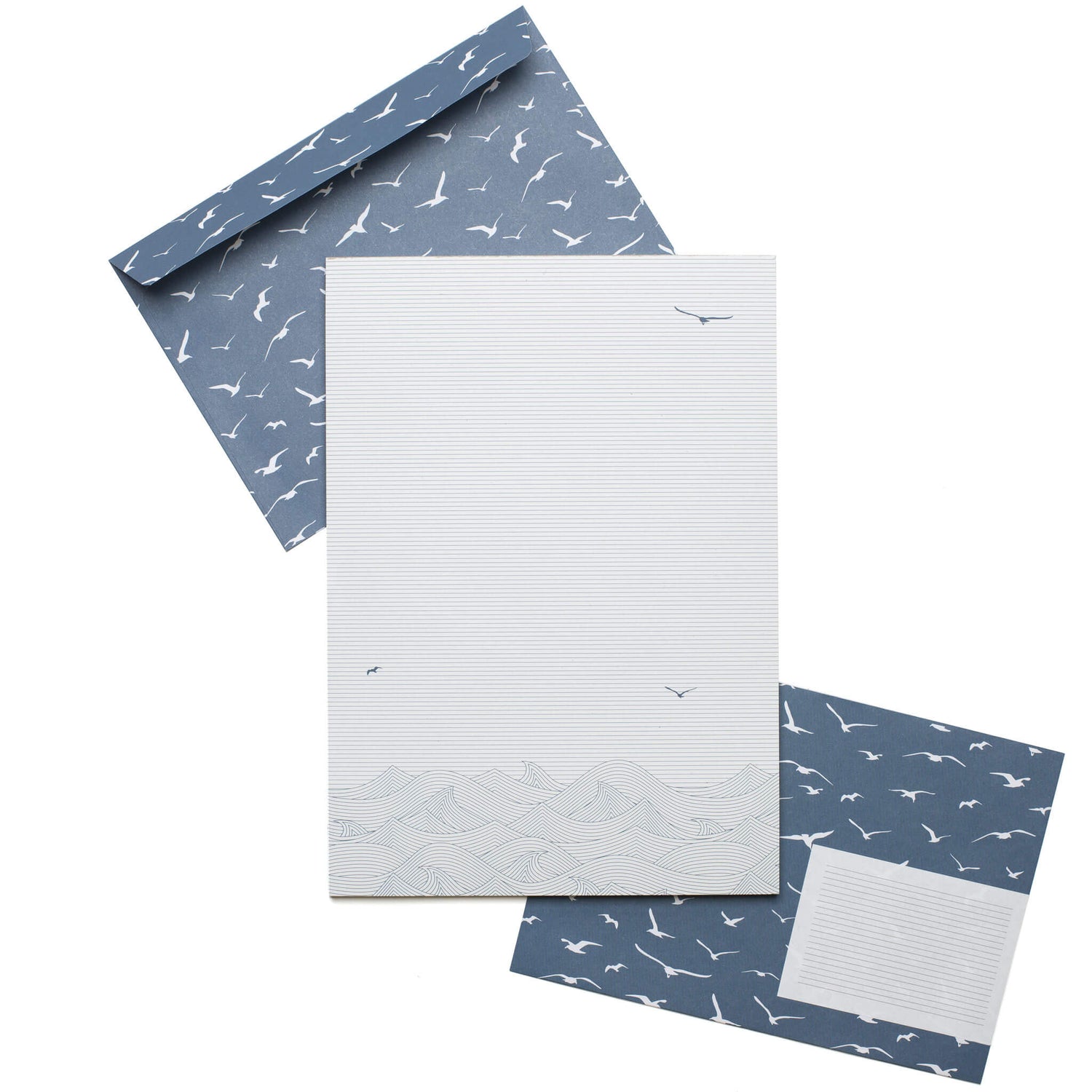 Briefpapier Set &quot;Möwen&quot; - 25 Blatt in DIN A5 mit maritimen Motiv und 10 Briefumschlägen mit Möwenmuster sowie Etiketten zum Beschriften von My Pretty Circus | LE-BIR2201-BL