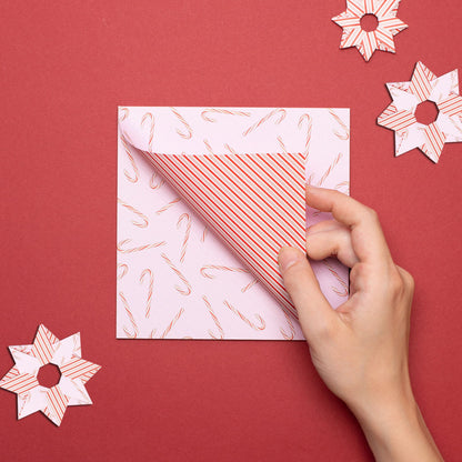 Origami Papier &quot;Zuckerstangen&quot; -  25 Blatt doppelseitiges Faltpapier mit rosa rotem Candy Cane Muster aus 15x15cm Recyclingpapier-OR-CAN2106-RO | My Pretty Circus