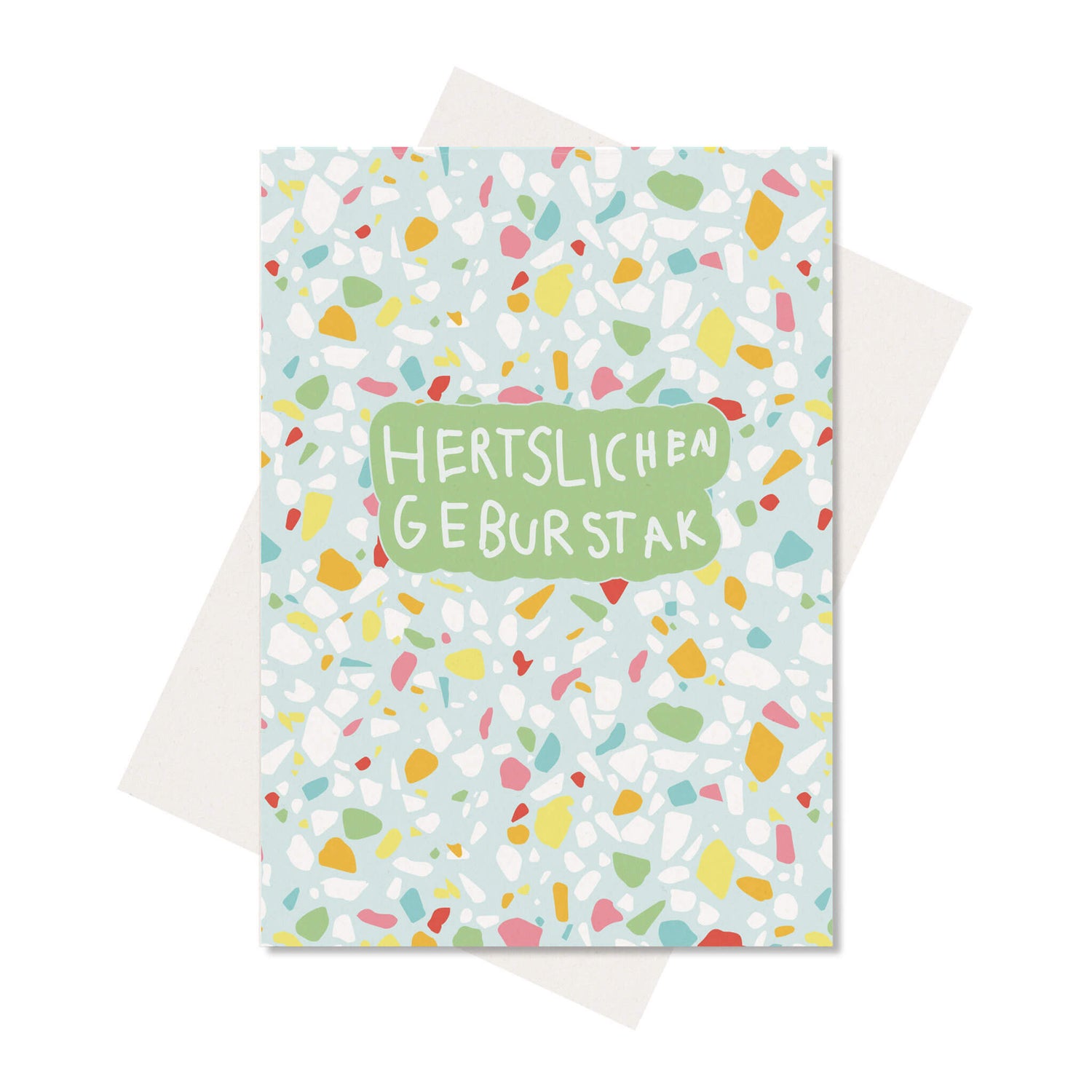 Postkarte Terrazzo &quot;Hertslichen Geburstak&quot; - stabile Karte aus Holzschliffpappe mit buntem Terrazzomuster von My Pretty Circus | PC-HER2106-TQ