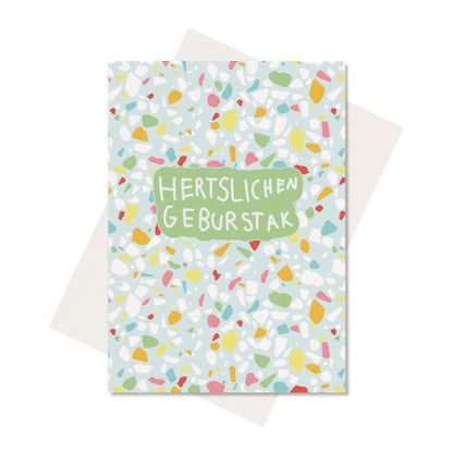 Postkarte Terrazzo &quot;Hertslichen Geburstak&quot; - stabile Karte aus Holzschliffpappe mit buntem Terrazzomuster von My Pretty Circus | PC-HER2106-TQ