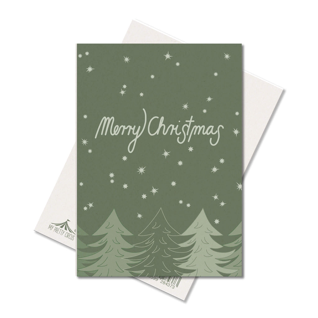 Postkarte Sterne "Merry Christmas"  stabile Karte aus Holzschliffpappe mit Tannen und Sternen in grün von My Pretty Circus | PC-MER2108-GR