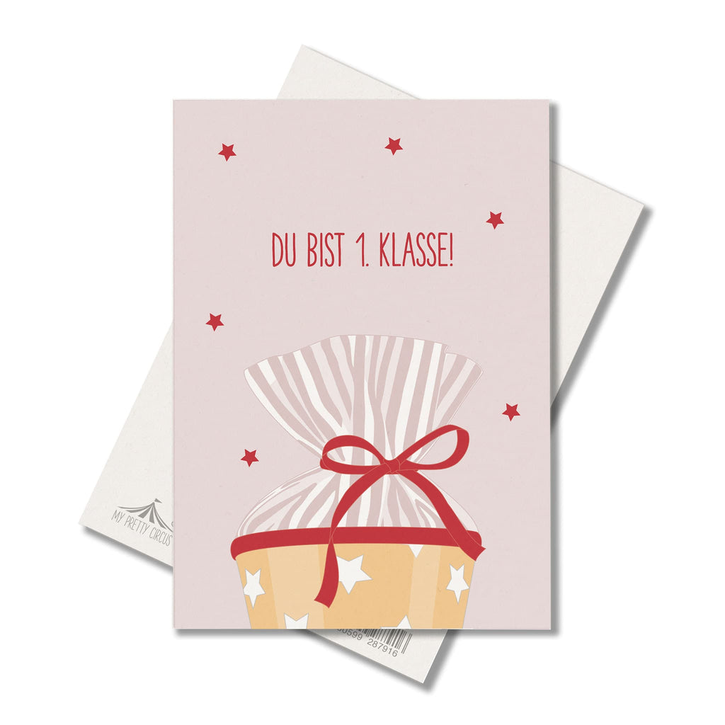 Postkarte Schultüte "Du bist 1. Klasse" - stabile Karte aus Holzschliffpappe mit Zuckertüte in rosa, rot und gelb von My Pretty Circus | PC-SCH2107_RO