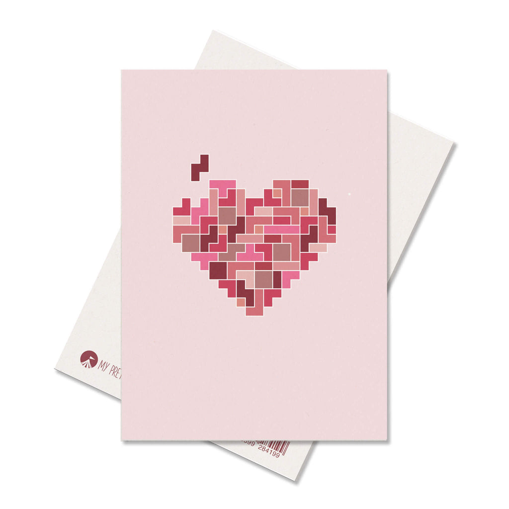 Postkarte Tetris Herz -  stabile Karte aus Holzschliffpappe in rosa und rot von My Pretty Circus | PC-TET2201-RE