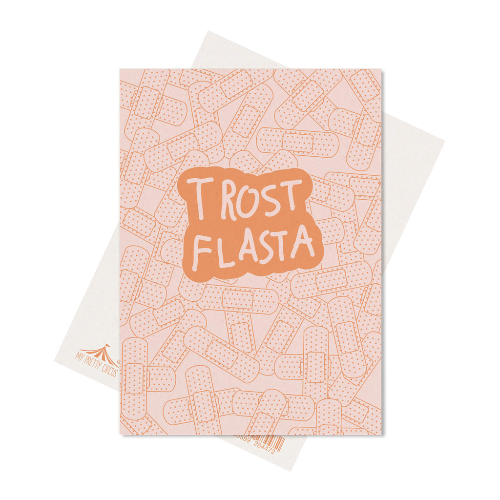 Postkarte  "Trost Flasta" - stabile Karte aus Holzschliffpappe mit Pflastern in korall rosa von My Pretty Circus | PC-TRO2103-CO