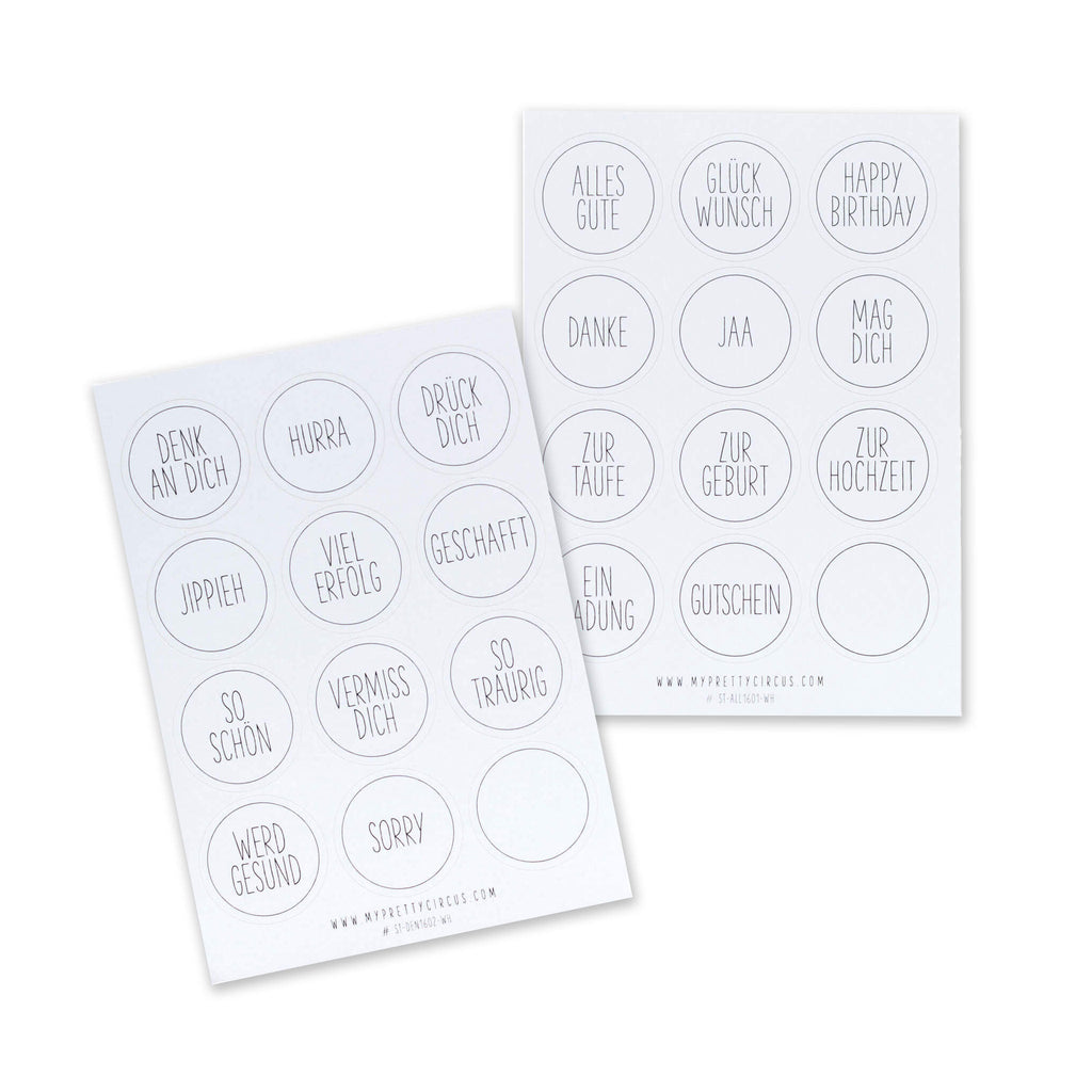 Sticker "Alles Gute" rund weiß #2 auf deutsch - 2 DIN A6 Bogen Aufkleber aus Haftpapier von My Pretty Circus | ST-ALL1601-WH
