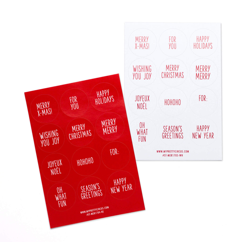 Sticker "Merry XMas"rund rot/weiss #15 auf englisch - 2 DIN A6 Bogen Aufkleber aus Haftpapier von My Pretty Circus | ST-MER1704-RE