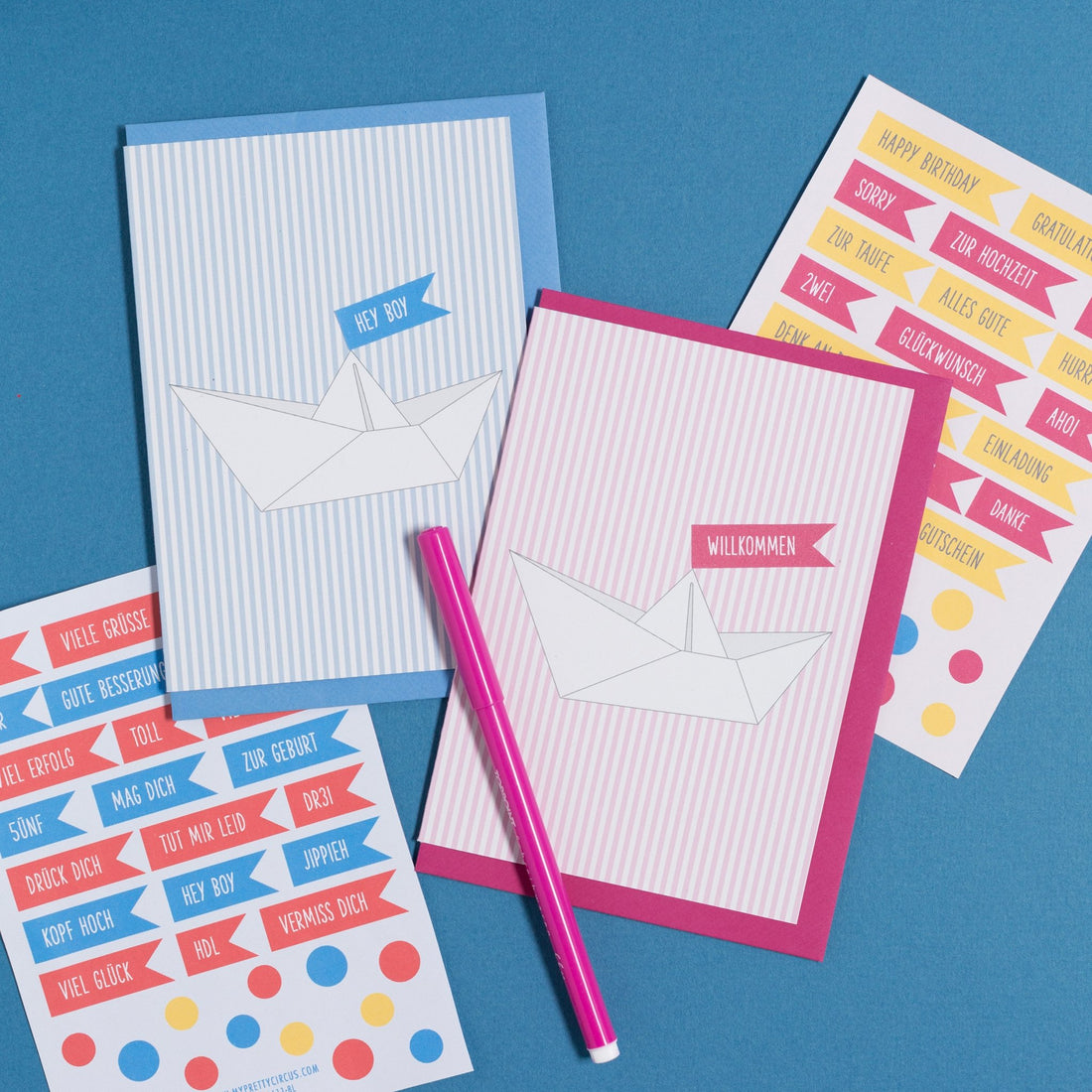Mix & Match Kartenset "Papierboot mit Fähnchen" - rosa und hellblau - MyPrettyCircus - M4-BOA1713-PI