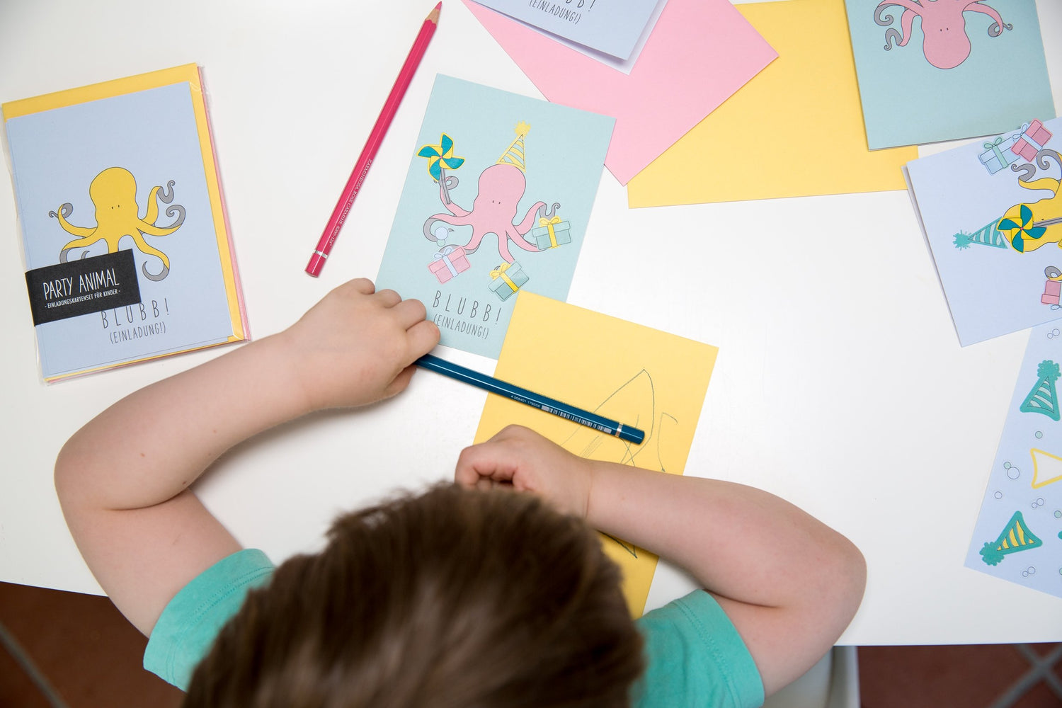 Einladungskartenset für Kindergeburtstag &quot;Party Animal-Krake&quot; - MyPrettyCircus - PA-4OCT1701-LB