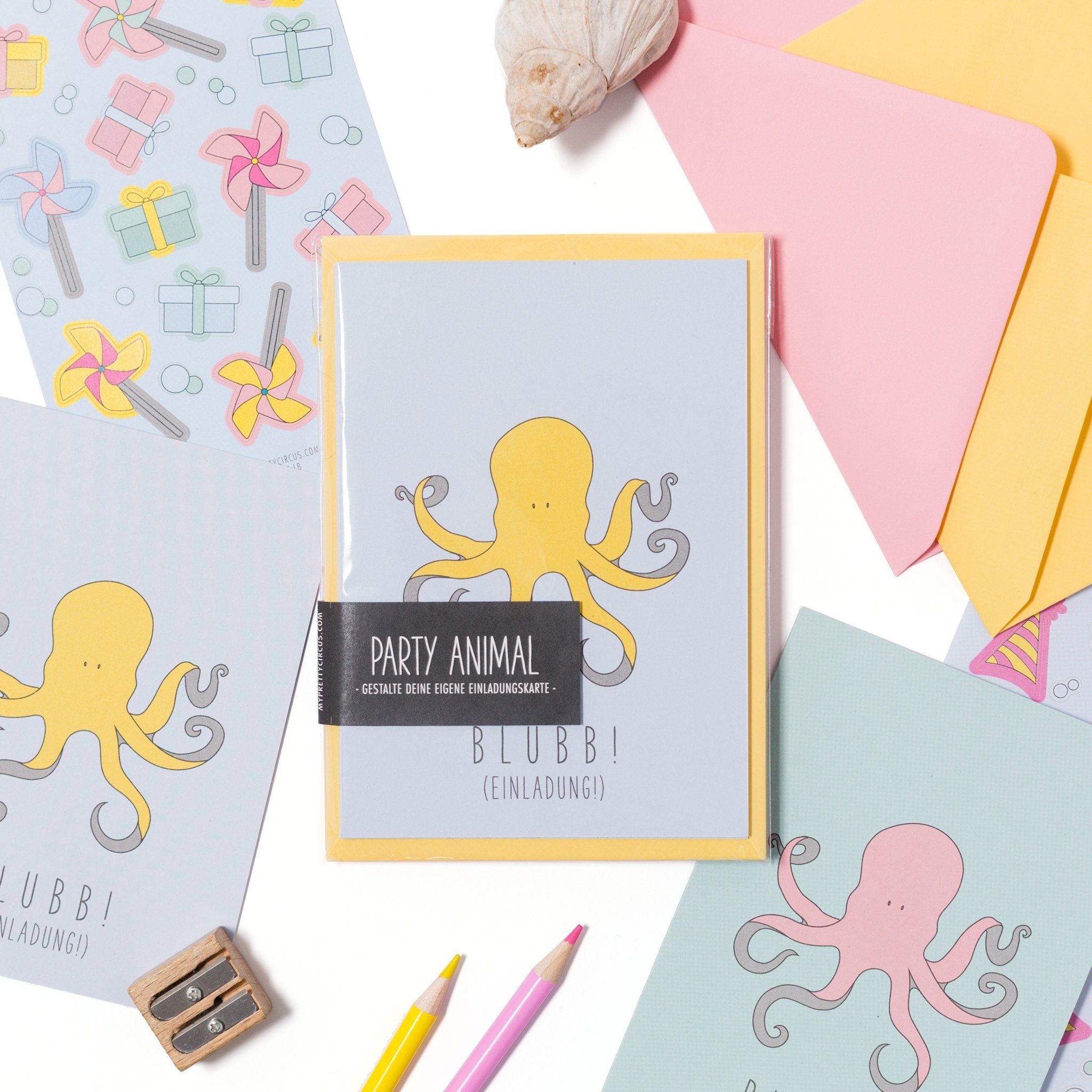 Einladungskartenset für Kindergeburtstag &quot;Party Animal-Krake&quot; - MyPrettyCircus - PA-4OCT1701-LB